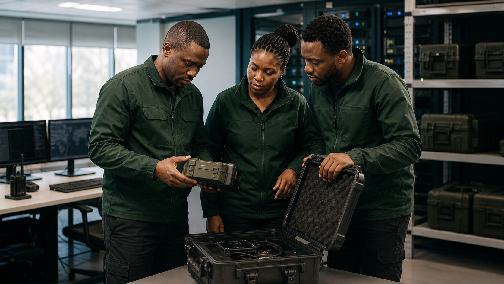 A Botswana-based technical team reviewing field equipment in an integration room