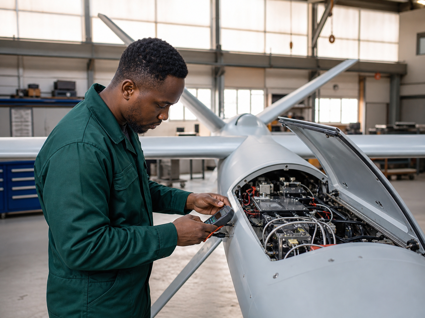 An aviation technician inspecting the avionics of an unmanned aircraft