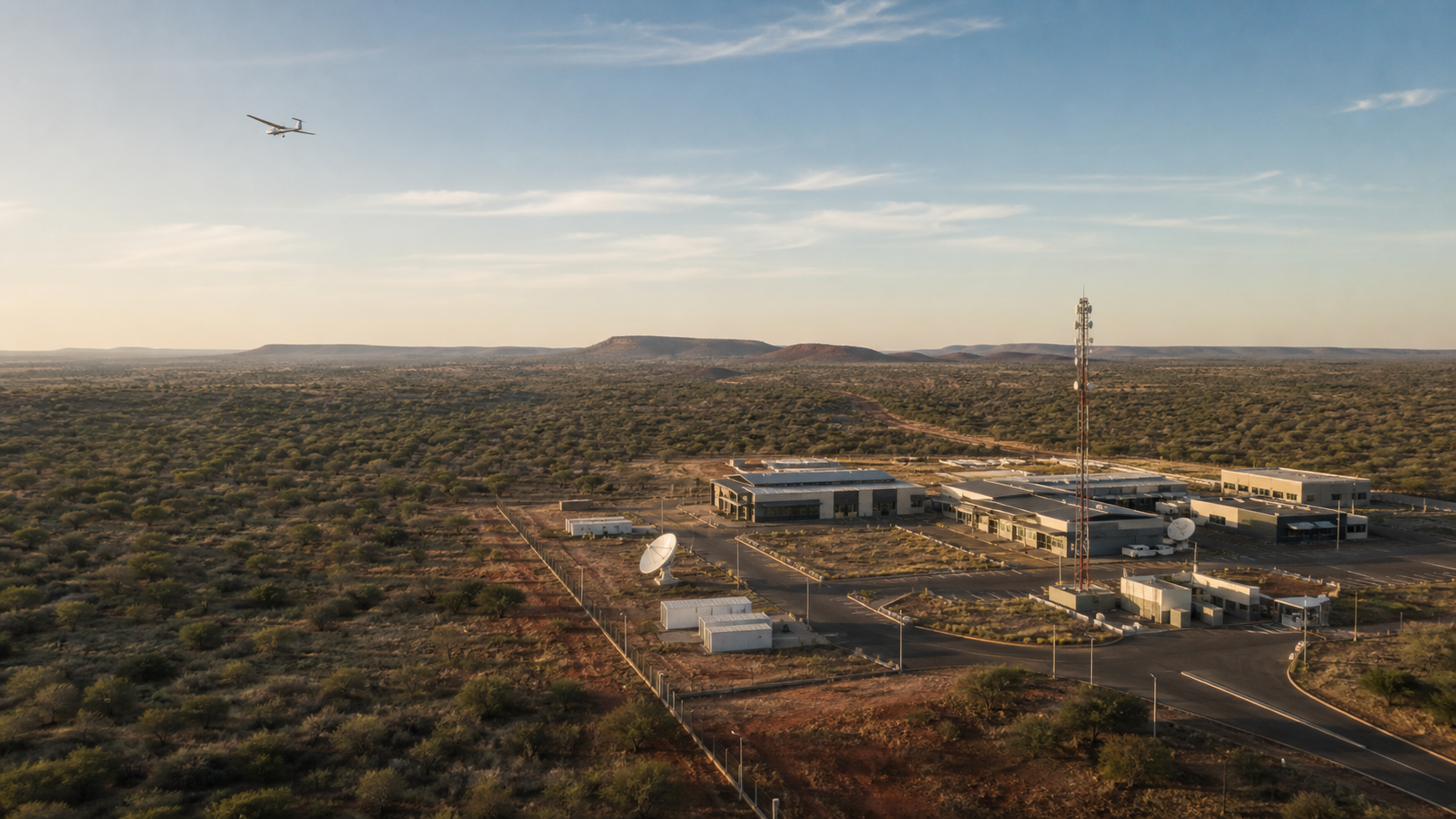 A technology and communications facility in the Botswana landscape with an unmanned aircraft overhead