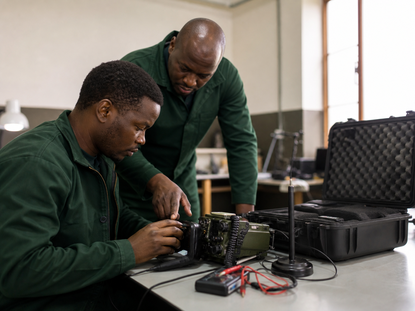 Two technical specialists inspecting rugged communications equipment