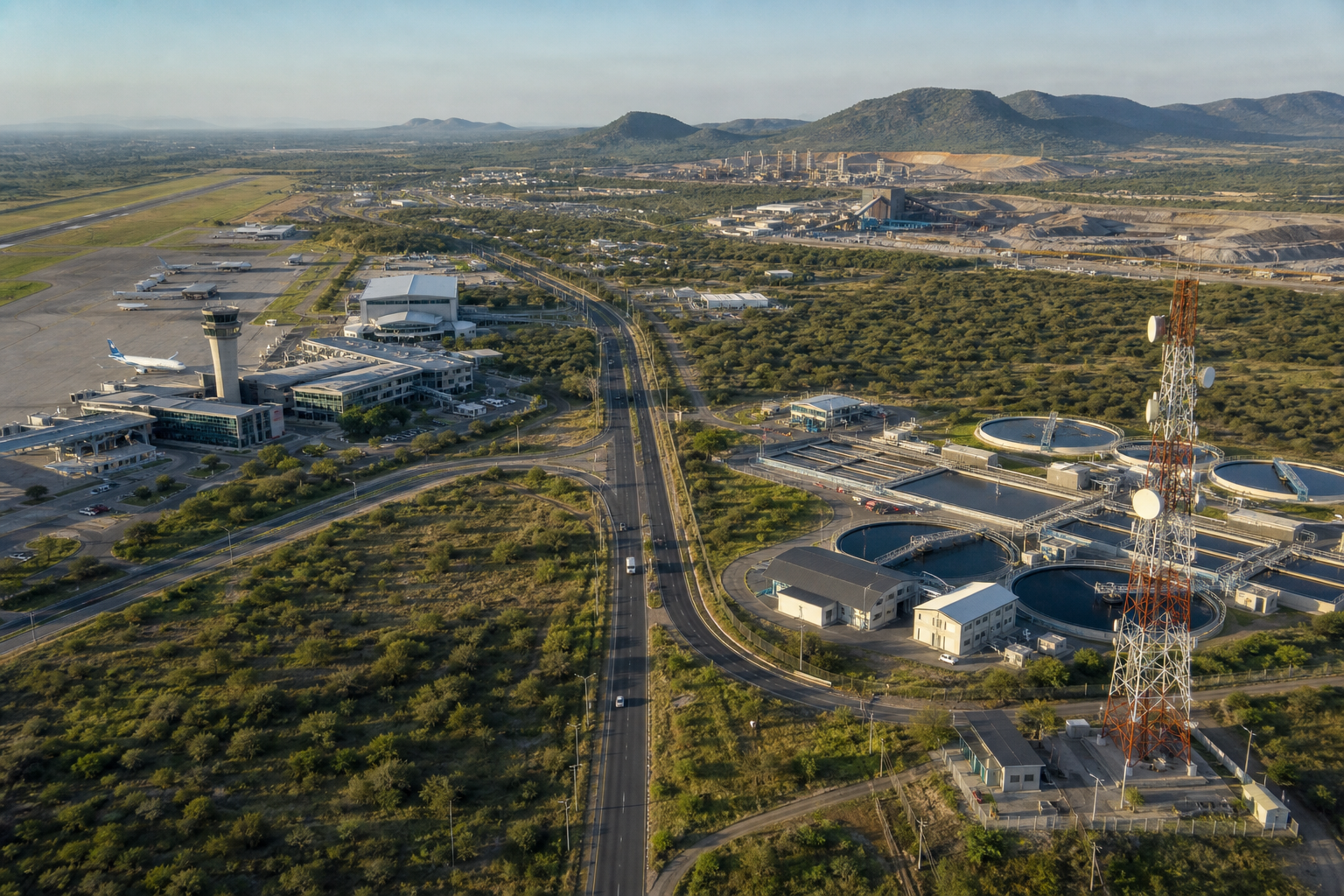 A connected Southern African landscape with airport, communications, utility and industrial infrastructure