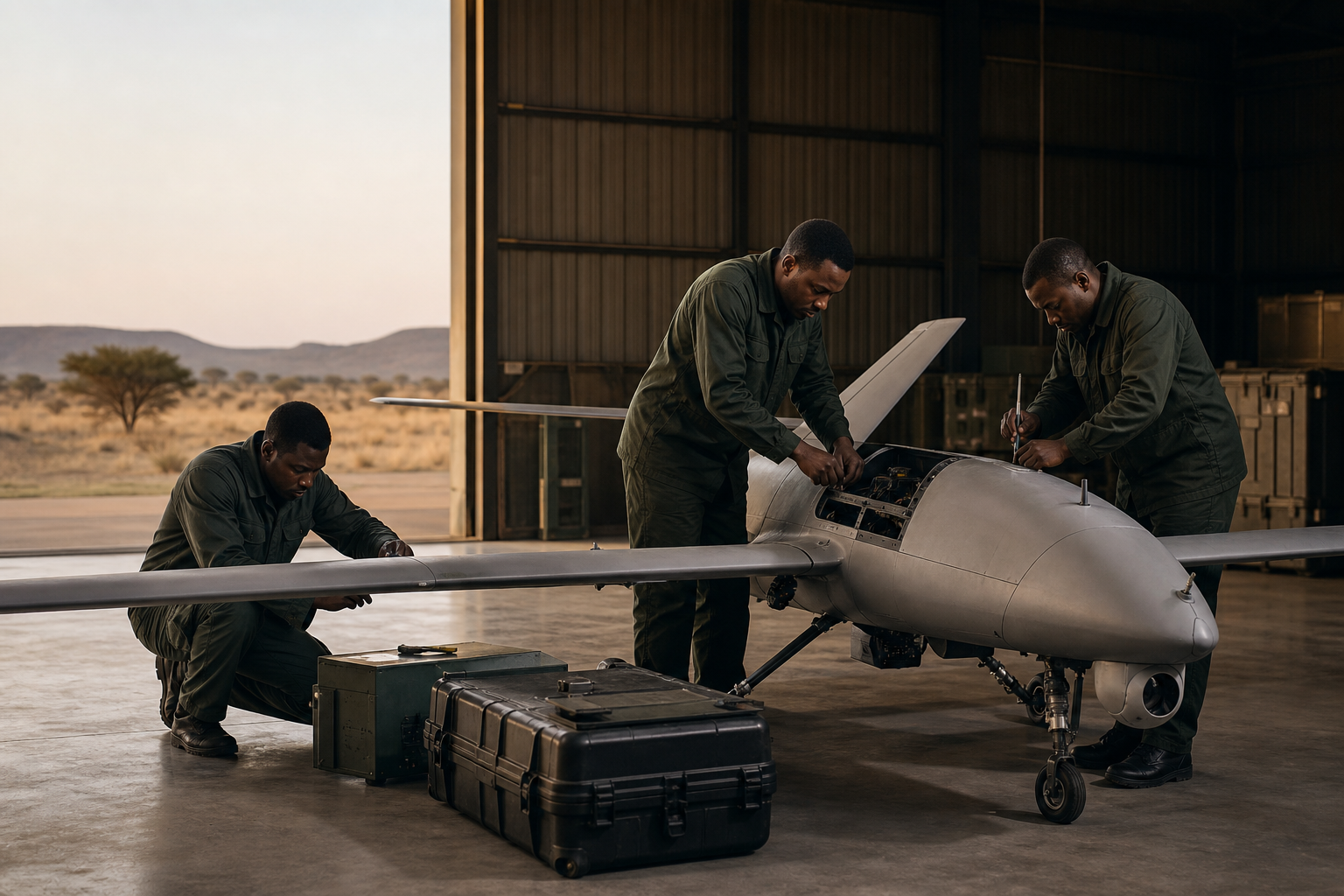 Technical specialists integrating an unmanned aerial system in a Botswana hangar
